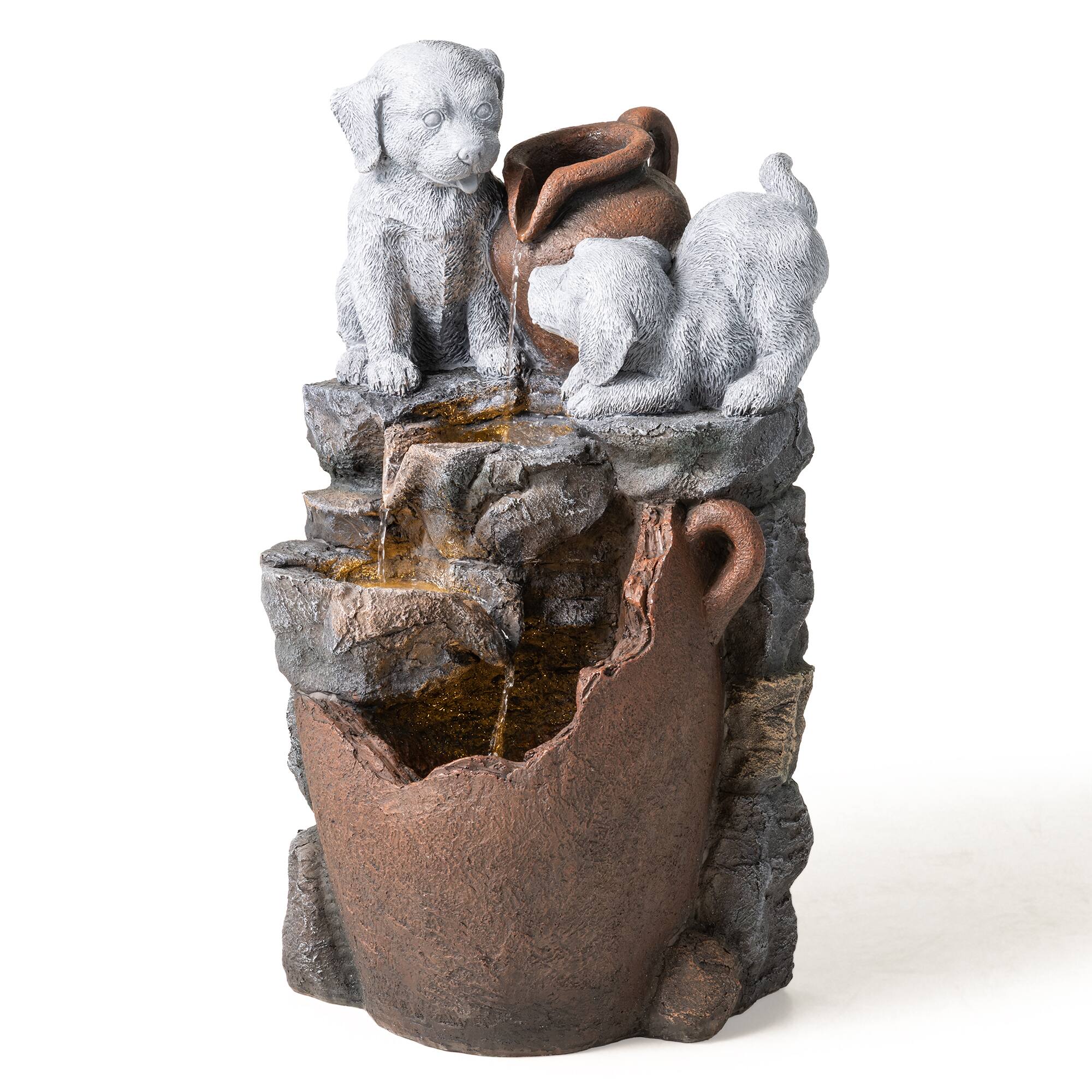 Glitzhome® 23.5" LED 4-Tier Dogs & Pot Outdoor Fountain